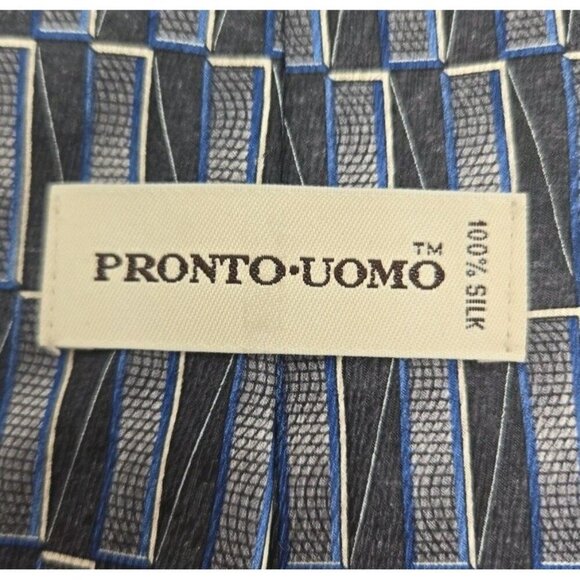 Pronto Uomo Mens Designer Tie 100% Silk Blue Silver Necktie 4 inch Wide Long - Picture 4 of 5
